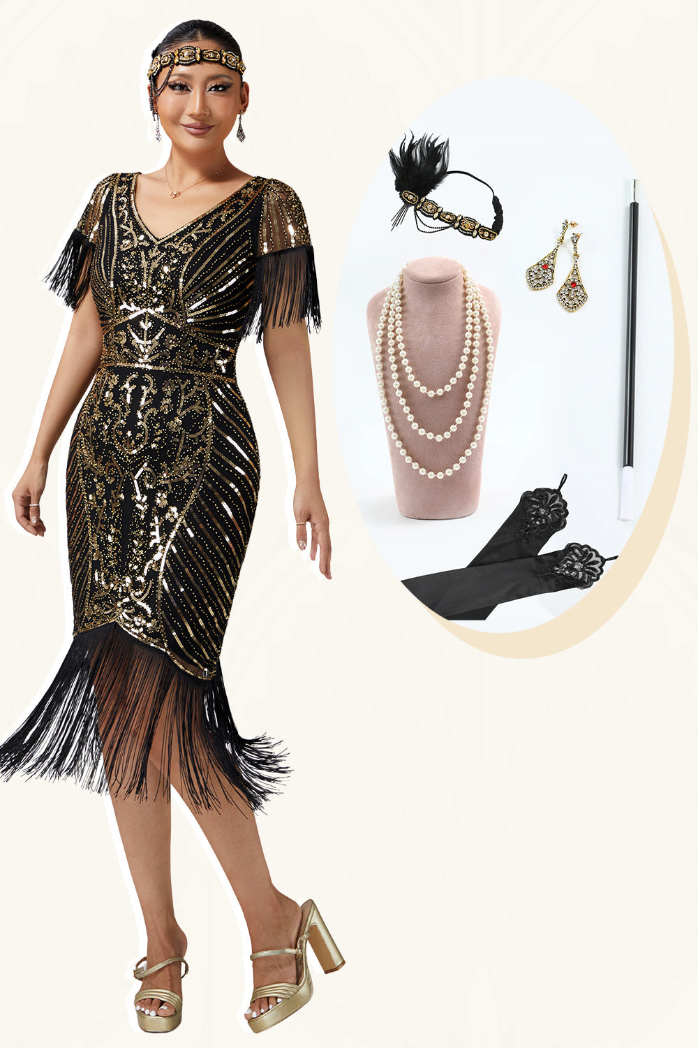 V Neck Bodycon Black Golden Sequin Fringed 1920s Dress with 5-Piece Accessories Set