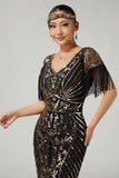 V Neck Bodycon Black Golden Sequin Fringed 1920s Dress with 5-Piece Accessories Set