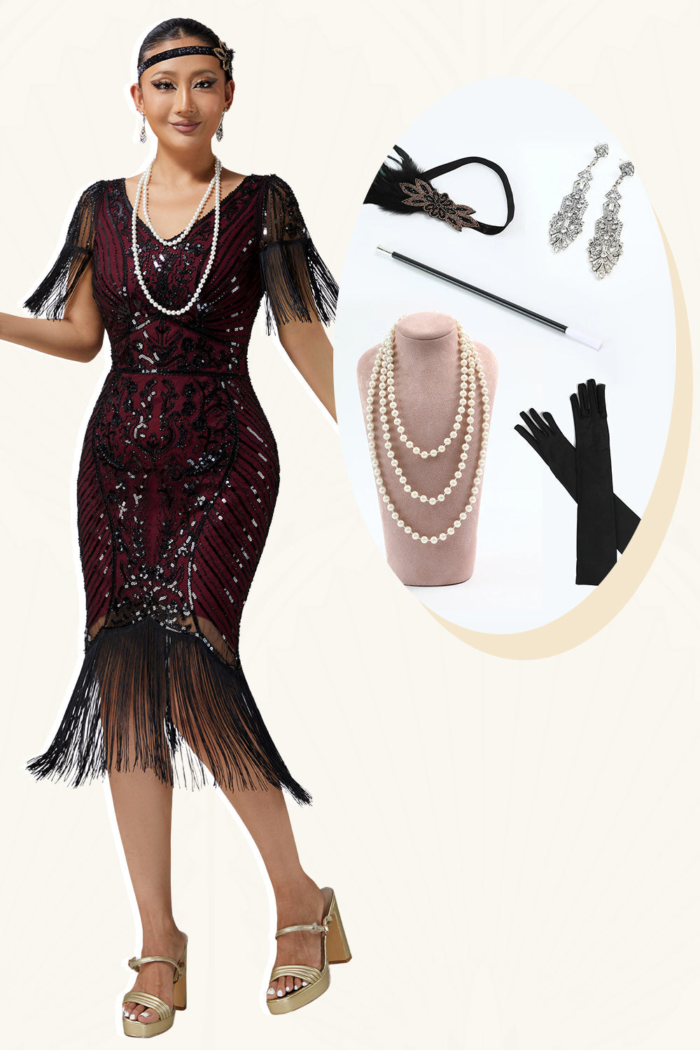 Burgundy Bodycon Sequin Fringed 1920s Dress With 5-Piece Accessories Set