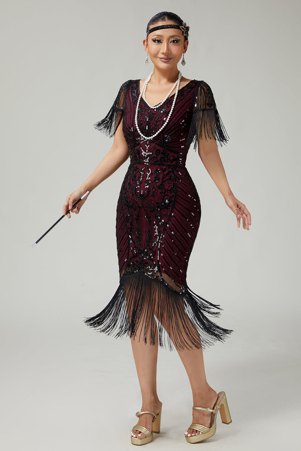 Burgundy Bodycon Sequin Fringed 1920s Dress With 5-Piece Accessories Set