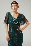 Dark Green Sequin Fringed Bodycon 1920s Dress with 5-Piece Accessories Set