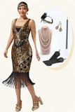 Black Golden Sequin Bodycon Fringed 1920s Dress With 5-Piece Accessories Set