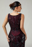 Burgundy Sequin Fringed Bodycon 1920s Dress With 5-Piece Accessories Set