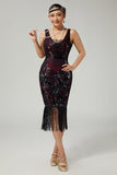 Burgundy Sequin Fringed Bodycon 1920s Dress With 5-Piece Accessories Set