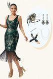 Sparkly Dark Green Fringed Bodycon 1920s Dress With 5-Piece Accessories Set