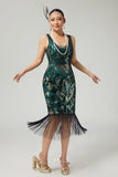 Sparkly Dark Green Fringed Bodycon 1920s Dress With 5-Piece Accessories Set