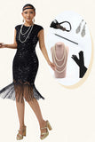 Black Bodycon Sequins Fringed 1920s Dress With 5-Piece Accessories Set