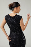Black Bodycon Sequins Fringed 1920s Dress With 5-Piece Accessories Set