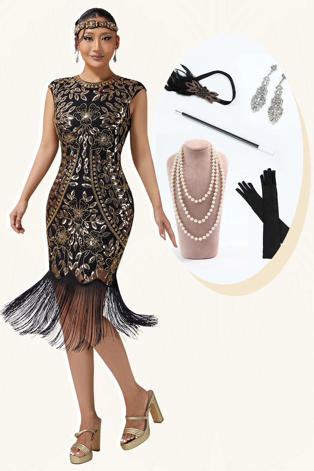 Sparkly Black Golden Bodycon Fringed 1920s Dress With 5-Piece Accessories Set