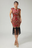 Red Golden Sequins Bodycon Fringed 1920s Dress With 5-Piece Accessories Set