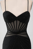 Black Bodycon Spaghetti Straps Corset Cocktail Dress with Beading