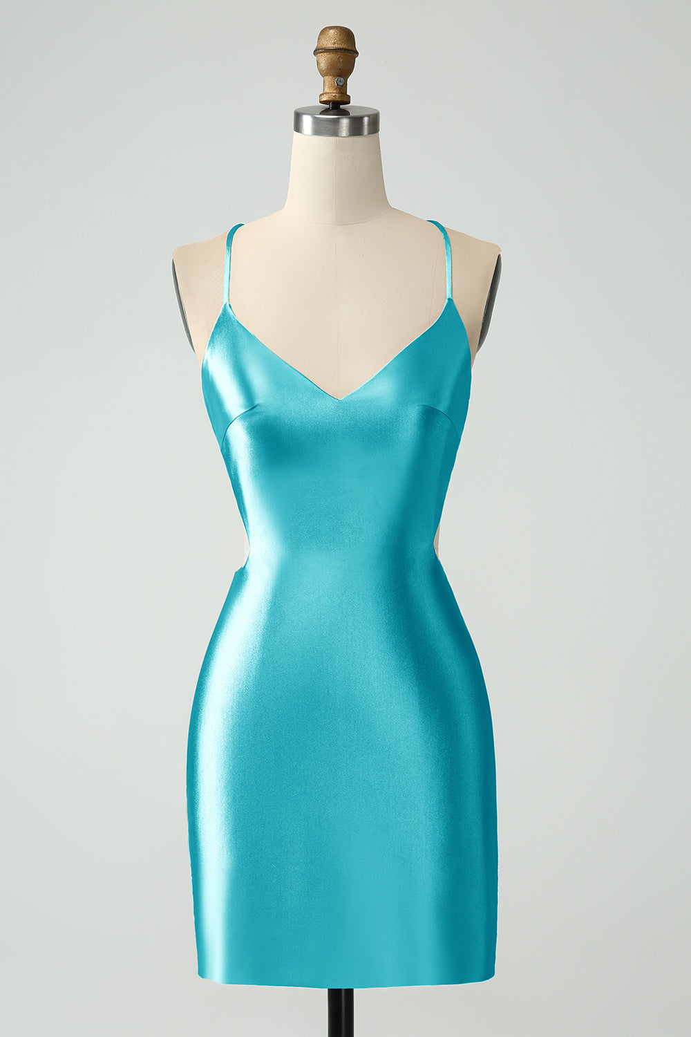 Purple Bodycon Spaghetti Straps Satin Cocktail Dress with Criss Cross Back