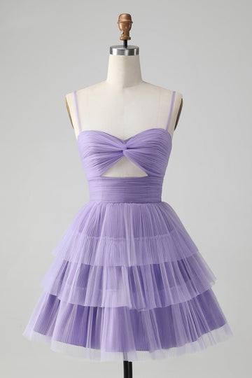 Cute Purple A Line Spaghetti Straps Tulle Tiered Short Cocktail Dress