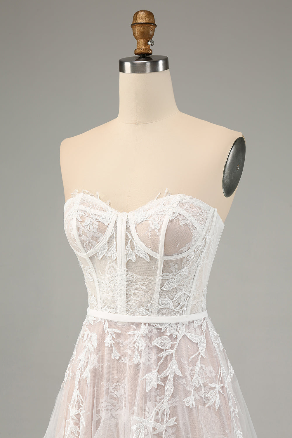 White A Line Sweetheart Sweep Train Corset Wedding Dress with Applique Lace