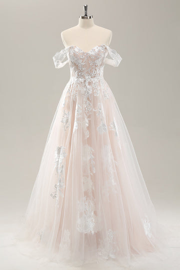 White A Line Off the Shoulder Tulle Wedding Dress with Appliques