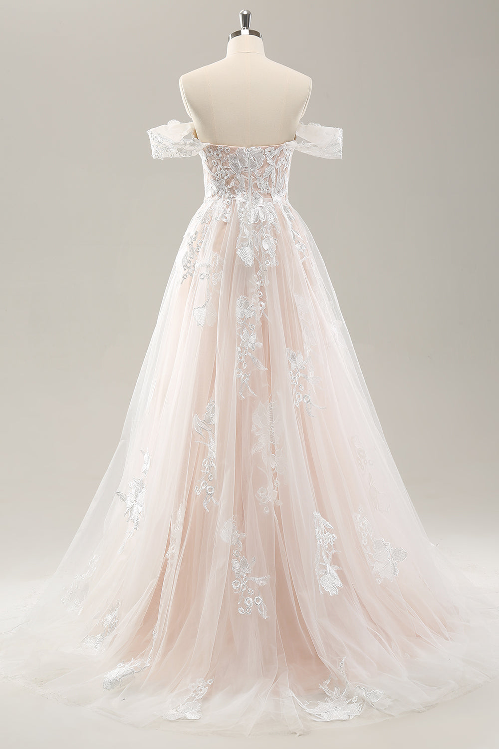 White A Line Off the Shoulder Tulle Wedding Dress with Appliques