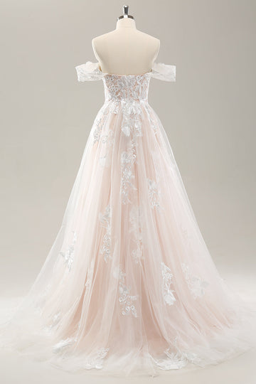 White A Line Off the Shoulder Tulle Wedding Dress with Appliques