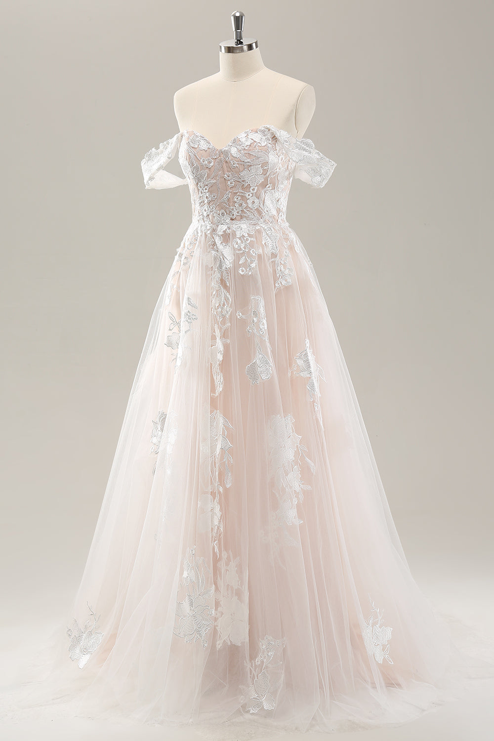 White A Line Off the Shoulder Tulle Wedding Dress with Appliques