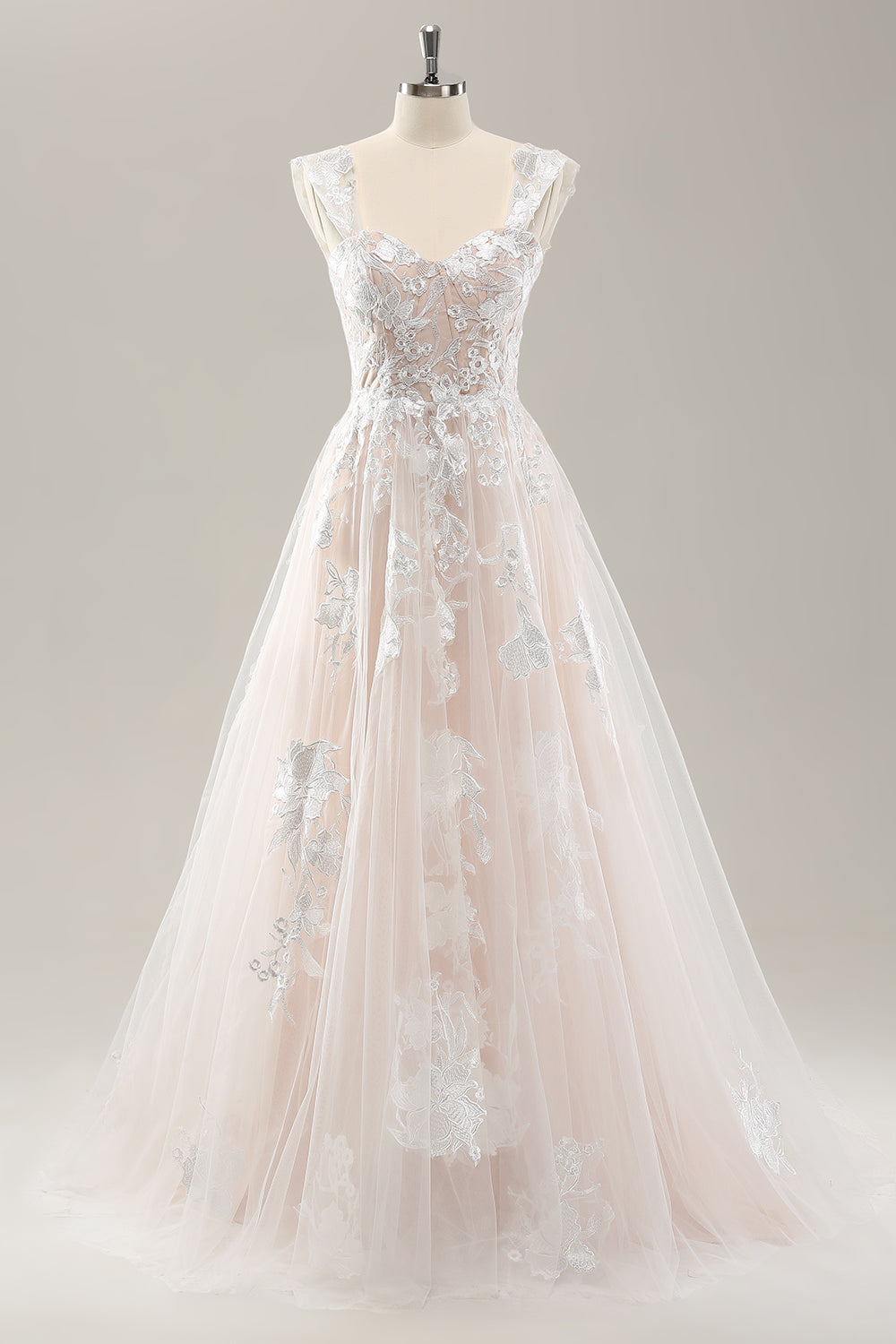 White A Line Off the Shoulder Tulle Wedding Dress with Appliques