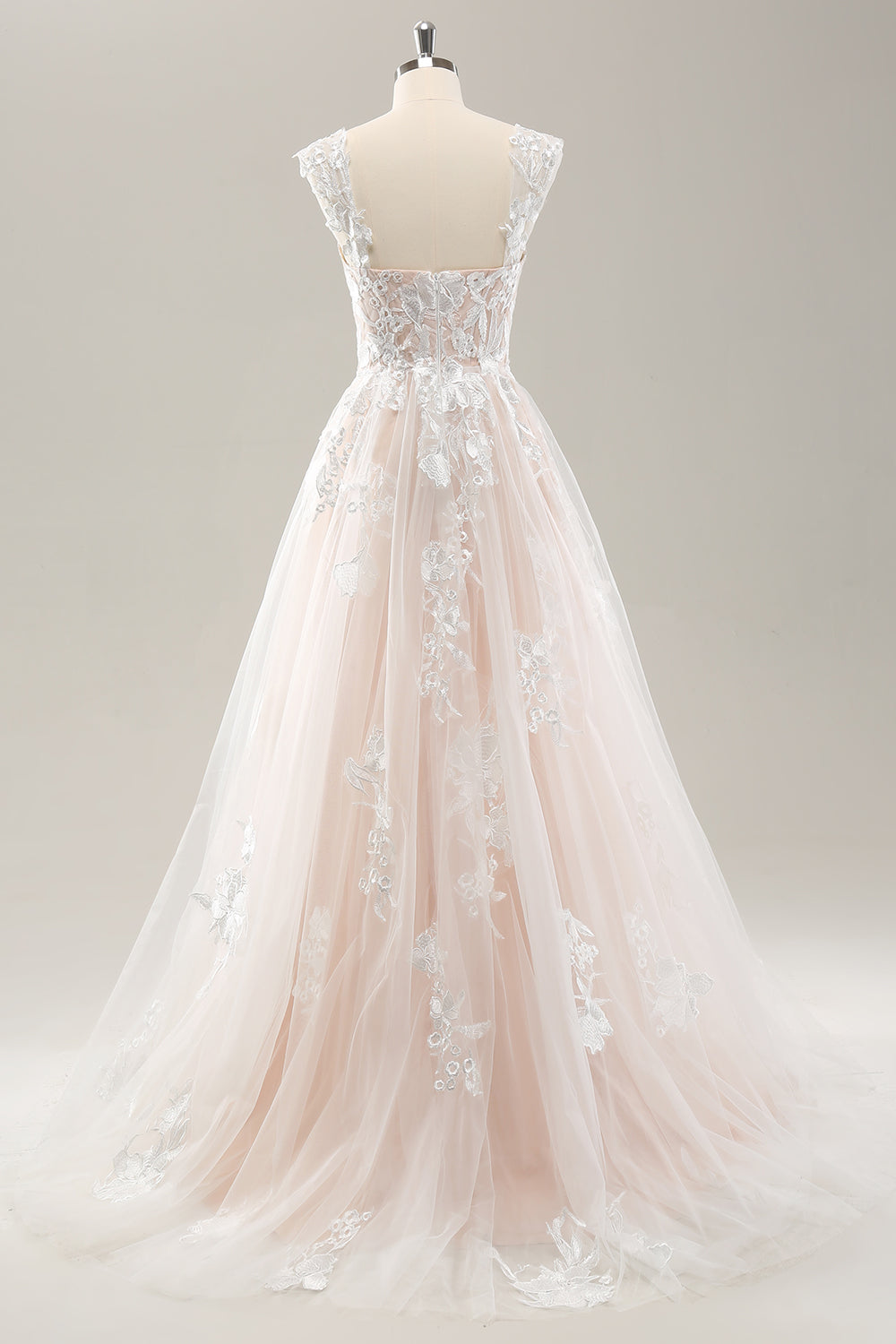 White A Line Off the Shoulder Tulle Wedding Dress with Appliques