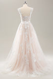 White A Line Off the Shoulder Tulle Wedding Dress with Appliques