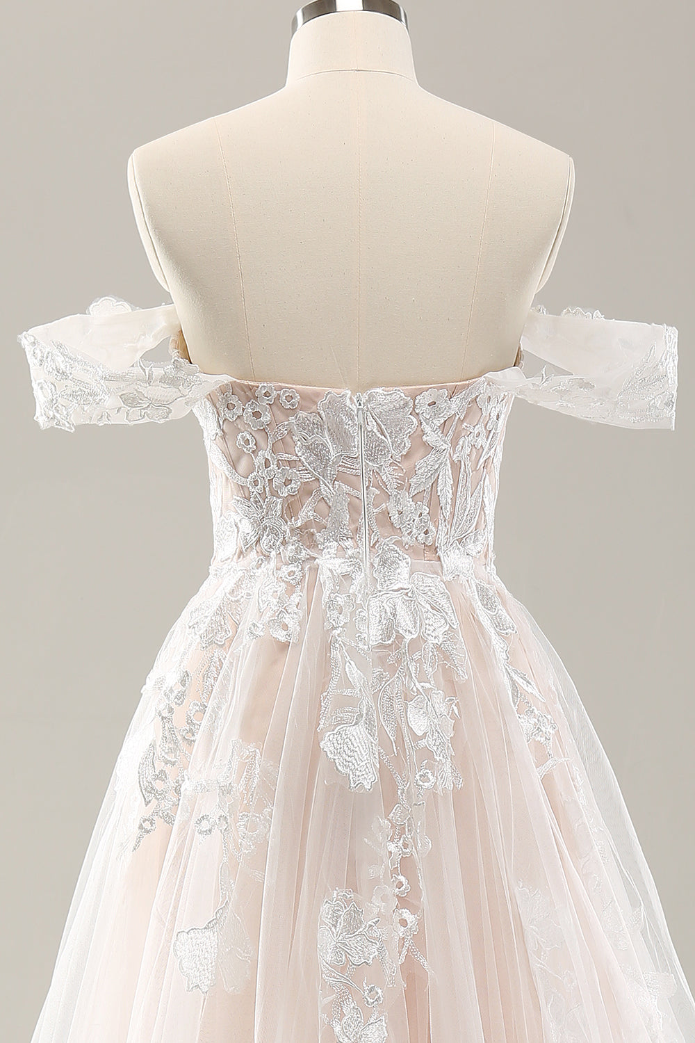 White A Line Off the Shoulder Tulle Wedding Dress with Appliques