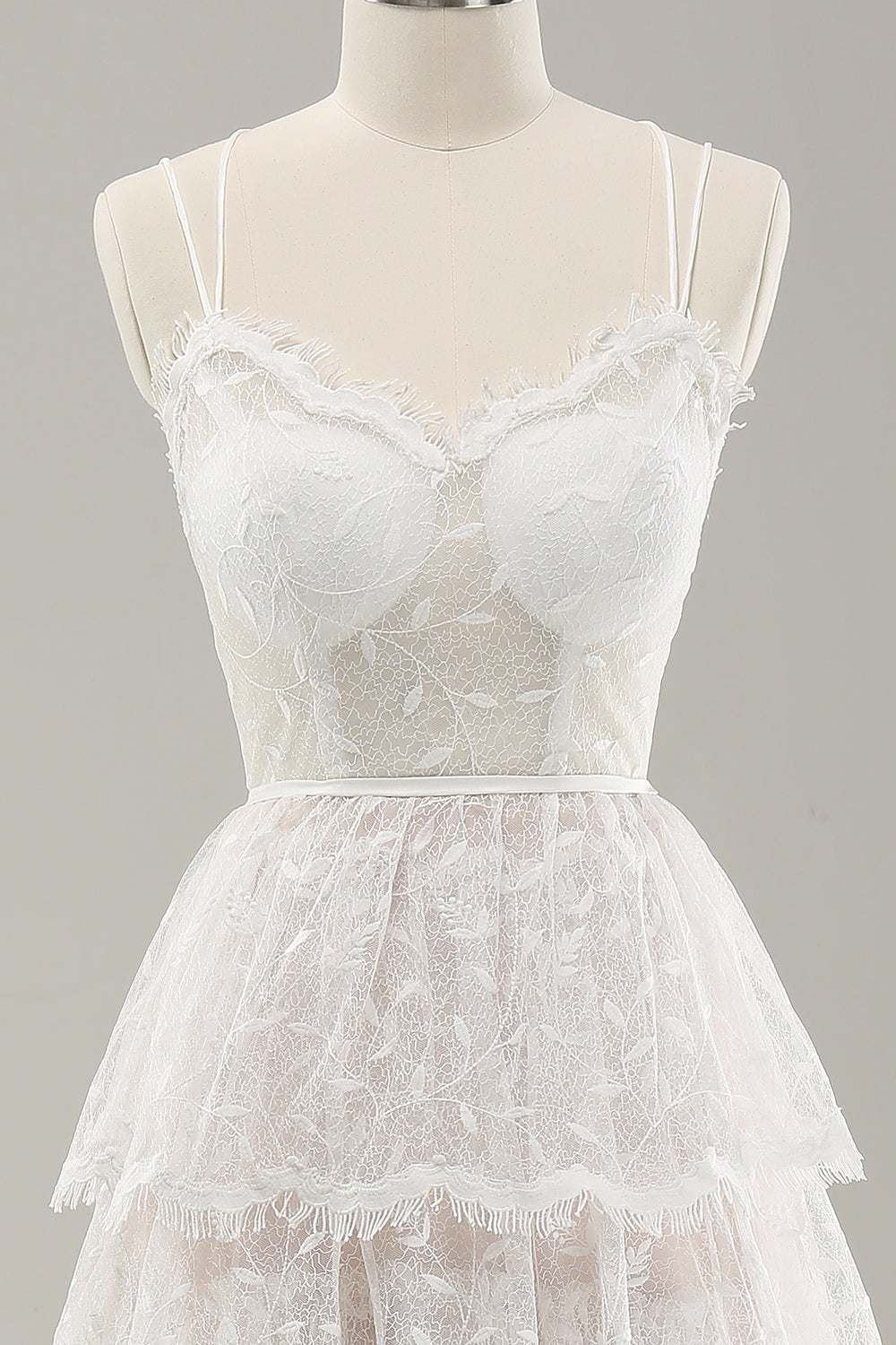 White A Line Spaghetti Straps Tiered Wedding Dress with Lace