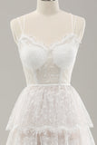White A Line Spaghetti Straps Tiered Wedding Dress with Lace