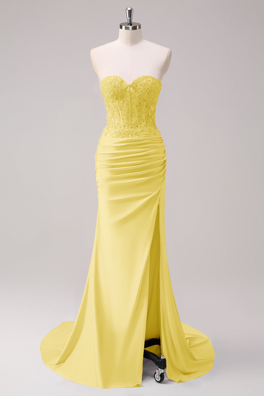 Mermaid Applique Strapless Corset Long Fuchsia Formal Dress with Slit