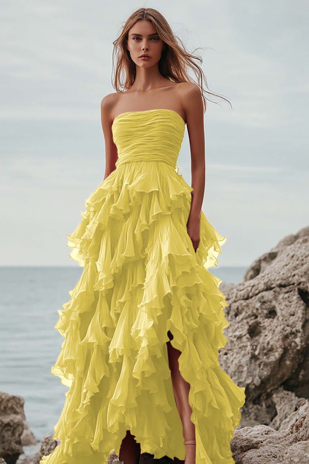 Fuchsia Organza Strapless Long Ball Gown Formal Dress with Ruffles