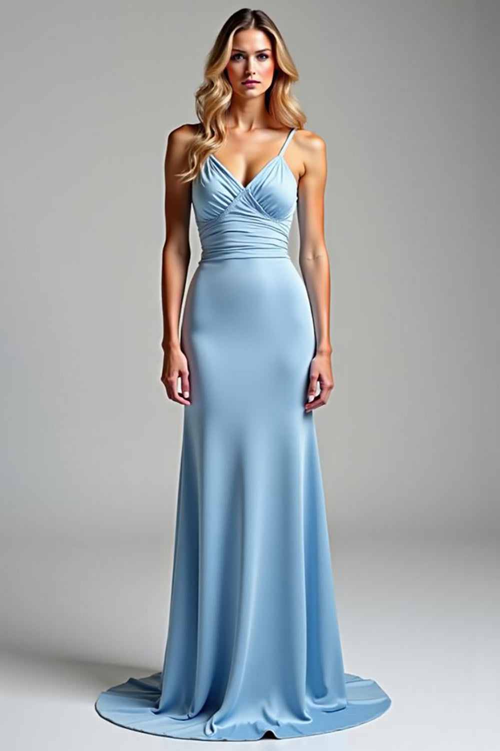 Sky Blue Mermaid Ruched V-Neck Long Formal Dress