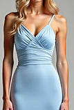 Sky Blue Mermaid Ruched V-Neck Long Formal Dress