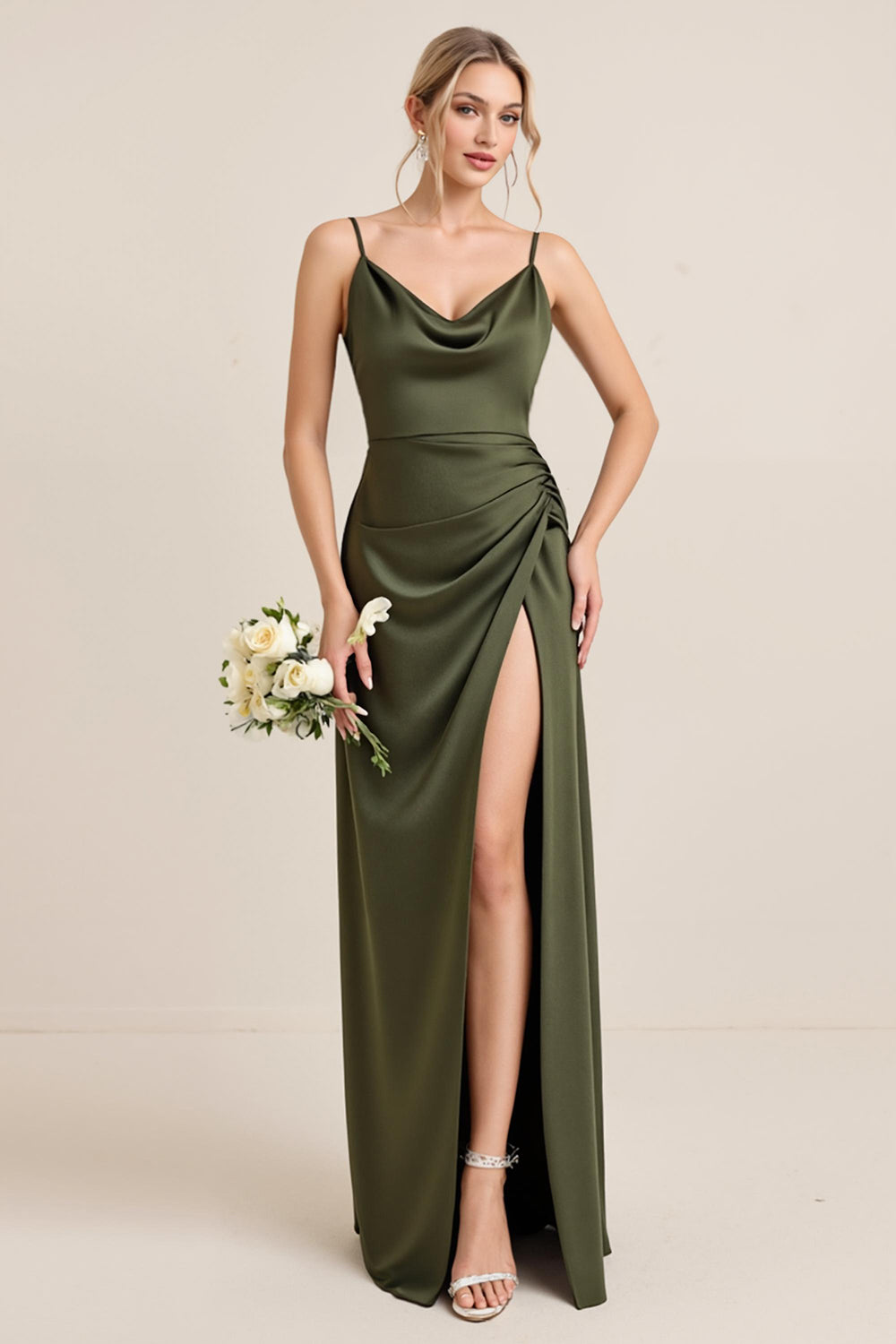 Olive Sheath Satin Maxi Long Bridesmaid Dress with Slit