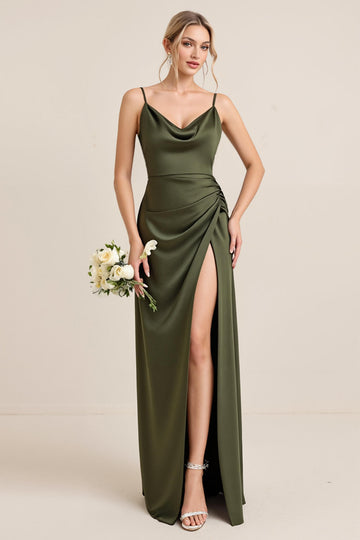 Olive Sheath Satin Maxi Long Bridesmaid Dress with Slit