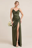 Olive Sheath Satin Maxi Long Bridesmaid Dress with Slit