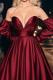 Burgundy Satin Ruched A Line Long Formal Dress with Detachable Sleeves