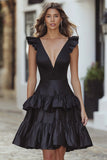 Black A Line V-Neck Short Cocktail Dress with Ruffles