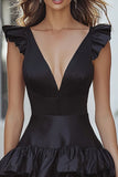 Black A Line V-Neck Short Cocktail Dress with Ruffles