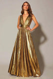 Golden Metallic A Line Pleated Formal Dress