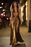 Gold Halter Metallic Ruched Long Formal Dress wth Slit
