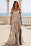 Sliver Metallic Off the Shoulder Pleated Long Formal Dress with Slit