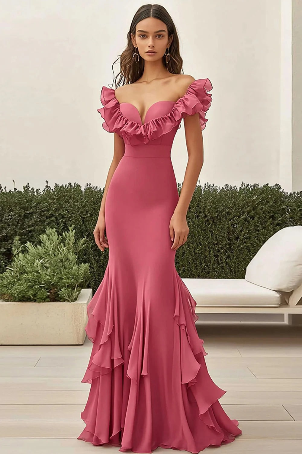 Mermaid Coral Off The Shoulder Ruffled Long Formal Dress