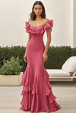 Mermaid Coral Off The Shoulder Ruffled Long Formal Dress
