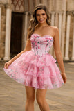 A-Line Cowl Neck Tiered Strapless Floral Print Corset Homecoming Dress