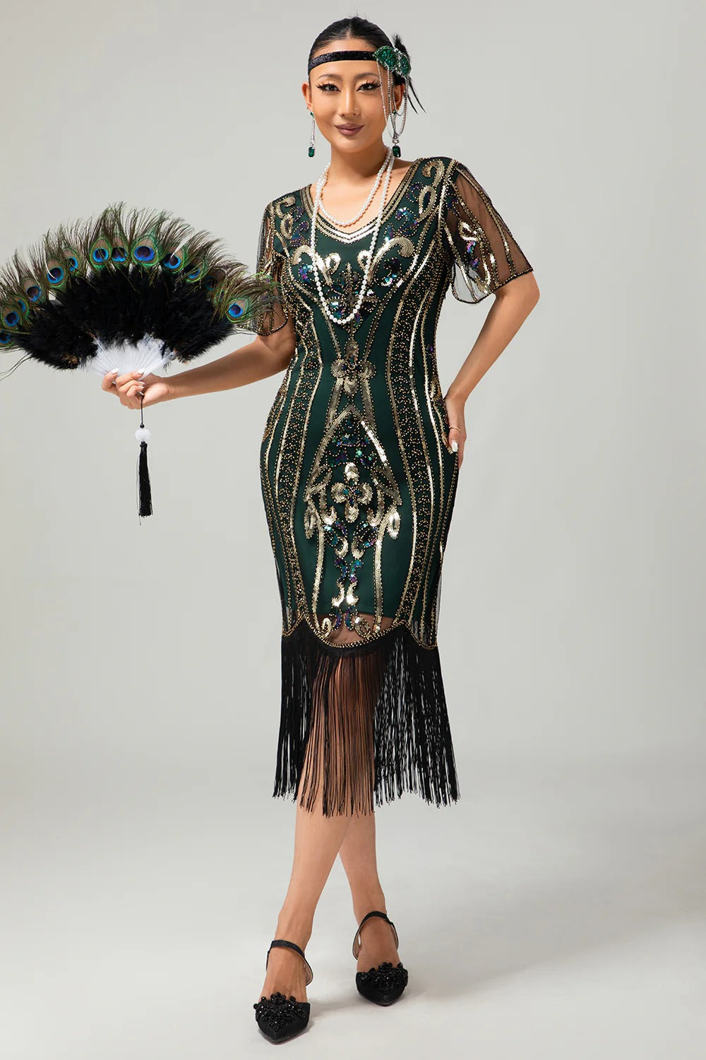 Sparkly Black Golden Sequins Gatsby Bodycon Fringed Midi 1920s Dress