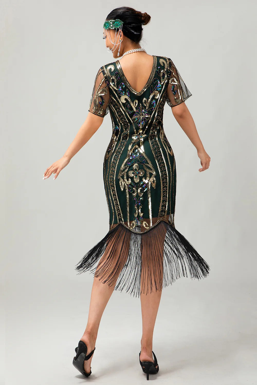 Sparkly Black Golden Sequins Gatsby Bodycon Fringed Midi 1920s Dress