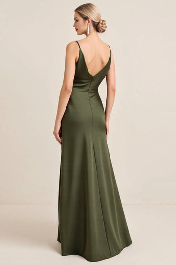 Olive Sheath Satin Maxi Long Bridesmaid Dress with Slit