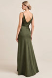 Olive Sheath Satin Maxi Long Bridesmaid Dress with Slit