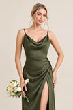 Olive Sheath Satin Maxi Long Bridesmaid Dress with Slit