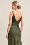 Olive Sheath Satin Maxi Long Bridesmaid Dress with Slit